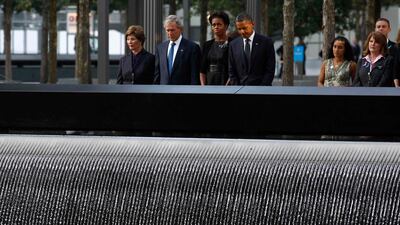September 11, 2011. U.S. President Barack Obama and first lady Michelle Obama are joined by former President George W. Bush and his wife Laura Bush during ceremonies marking the 10th anniversary of the 9/11 attacks on the World Trade Center in New York. J???