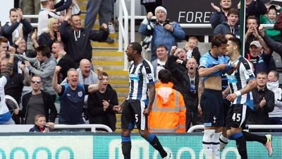 Newcastle United’s Georginio Wijnaldum (C) celebrates his goal against Tottenham Hotspur during the Premier League match between Newcastle United and Tottenham Hotspur at Saint James’ Park stadium in Newcastle, Britain 15 May 2016. Lindsey Parnaby / EPA