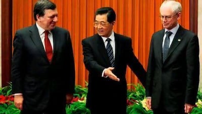 The European Council president Herman Van Rompuy, right, and the European Commission president Jose Manuel Barroso, left, are in China to promote their embattled economy to its president Hu Jintao and others.