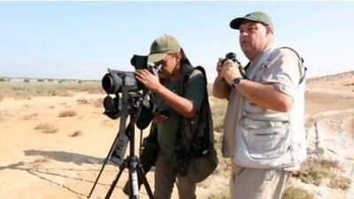 Elis Simpson and Rick Simpson, watching the Crab Plover at one of the sites near E 11 road in Umm Al Quwain. Pawan Singh/The National