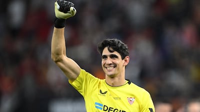 Sevilla's Moroccan goalkeeper Bono celebrates after he saved two spot kicks in the penalty shoot-out to help win the Europa League against Roma. Reuters