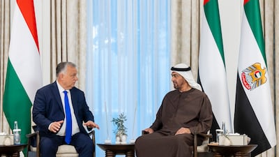 Sheikh Mohamed and Mr Orban at an official reception at Qasr Al Shati. Ryan Carter / UAE Presidential Court