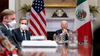 US President Joe Biden, accompanied by White House National Security Adviser Jake Sullivan, left, and Secretary of State Antony Blinken. AP Photo
