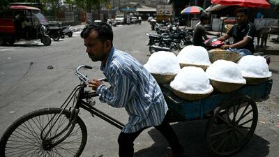 A worker carries baskets of shaved ice to a food processing unit at a market in New Delhi. AFP