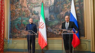 Russian Foreign Minister Sergey Lavrov, right, and Iran's Hossein Amirabdollahian after their talks in Moscow, Russia, on March 15. EPA