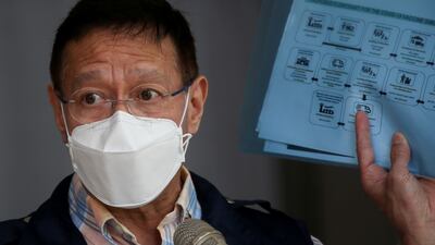 Philippine Health Secretary Francisco Duque holds a flowchart for the Covid-19 vaccine simulation during a press briefing at the Research Institute for Tropical Medicine in Muntinlupa, Metro Manila. Reuters