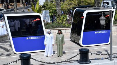 Sheikh Mohammed bin Rashid, Vice President and Ruler of Dubai, and Sheikh Hamdan bin Mohammed, Crown Prince of Dubai, attended initial tests of the world’s first autonomous pods. Courtesy Dubai Media Office