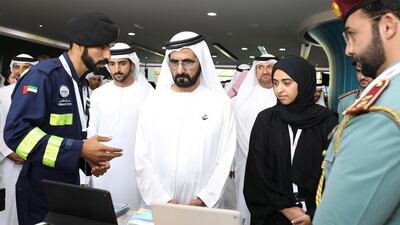 During his tour Sheikh Mohammed also inspected projects by students from UAE University, Khalifa University and Abu Dhabi Police, which were on display as part of UAE Innovation Week. Wam