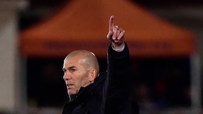 Real Madrid's French coach Zinedine Zidane gestures during the Copa del Rey (King's Cup) football match between Unionistas de Salamanca CF and Real Madrid CF at Las Pistas del Helmantico stadium in Salamanca, on January 22, 2020. / AFP / JAVIER SORIANO