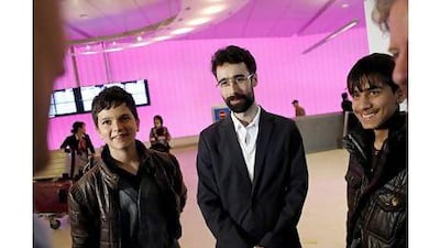 Afghan 14-year-olds Jawanmard Paiz, left, and Fawad Mohammadi, second right, are the stars of Buzkashi Boys. They are in Hollywood for the Academy Awards, with director Sam French, right, and producer Ariel Nasr, second left. A reader expresses pleasure at the good fortune of Mohammadi, usually a Kabul map-seller. Patrick Fallon / Reuters