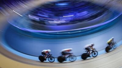 Alla Biletska of Ukraine, Alessa-Catriona Propster of Germany and Lowri Thomas of the UK in the women's kierin during round 4 of the 2023 UCI Track Champions League at Lee Valley Velopark Velodrome in London, England. Getty Images