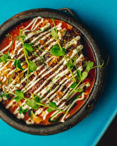 Yoghurtlu kebab is a mix of Wagyu beef and lamb, tomato sauce, roasted garlic yoghurt and croutons. Photo: Ruya
