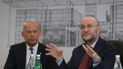 Yves Manghardt, left, Nestle’s regional chairman, with Marco Settembri, head of Europe and Mena. Satish Kumar / The National