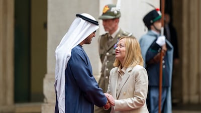 Italian Prime Minister Giorgia Meloni welcomes UAE President Sheikh Mohamed in Rome in February. UAE Presidential Court