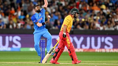 India's Hardik Pandya bowls. AFP