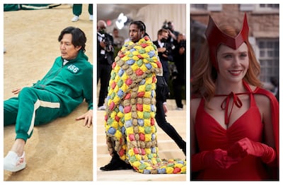 Characters from 'Squid Game', A$AP Rocky wrapped in a quilt at the Met Gala and 'WandaVision's' Wanda Maximoff are all costumes likely to be spotted on Halloween. Photo: Netflix, Marvel Studios, Getty Images