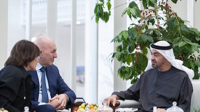 President Sheikh Mohamed meets Guido Crosetto, Minister of Defence of Italy. Photo: UAE Presidential Court
