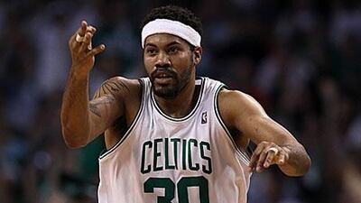 Rasheed Wallace of the Celtics gestures after hitting a three-pointer. The Celtics lead the series against Orlando 3-0.