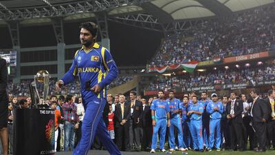 Kumar Sangakkara walks onto the podium to receive his runners up medal. Getty Images