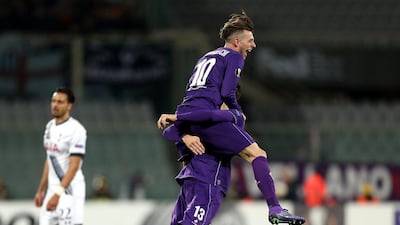 Federico Bernardeschi of ACF Fiorentina celebrates after scoring a goal during the Uefa Europa League Round of 32 first leg match between Fiorentina and Tottenham Hotspur on February 18, 2016 in Florence, Italy. (Photo by Gabriele Maltinti/Getty Images)