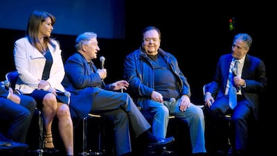 Top, actors Lorraine Bracco, Robert De Niro, Paul Sorvino and moderator Jon Stewart at a panel discussion after the screening of Goodfellas during the Tribeca Film Festival in New York.