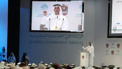 Sheikh Saif bin Zayed, Minister of Interior and Deputy Prime Minister, during the Government Summit yesterday. He said if reports come back that are not positive, departments must swiftly rectify them. Pawan Singh / The National