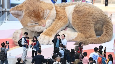 Travellers pose in front of a giant interactive cat installation in the arrivals hall at Hong Kong International Airport. AFP