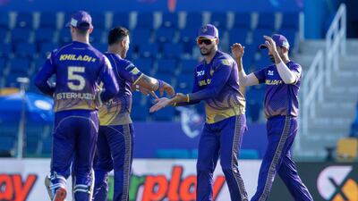 Abu Dhabi Knight Riders celebrate the wicket of Rehan Ahmed