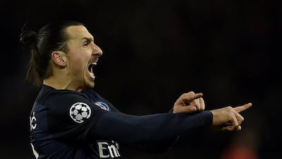 Paris Saint-Germain's Zlatan Ibrahimovic celebrates a goal against Chelsea in the Champions League on Tuesday night. Franck Fife / AFP / February 16, 2016
