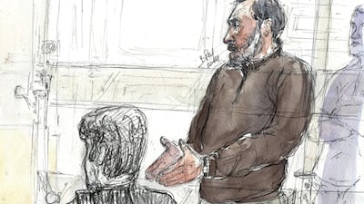 A file court sketch made on October 7, 2014 shows Djamel Beghal during his appeal trial at the Paris courthouse. AFP