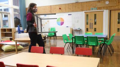 Staff make preparations for the return of pupils on Monday in Scotland. Reuters