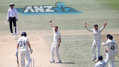 Neil Wagner successfully appeals for the wicket of England's Joe Denly . Getty