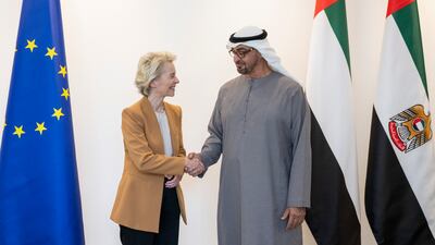 UAE President Sheikh Mohamed greets Ursula von der Leyen, President of the European Commission, on September 7, 2023. UAE Presidential Court
