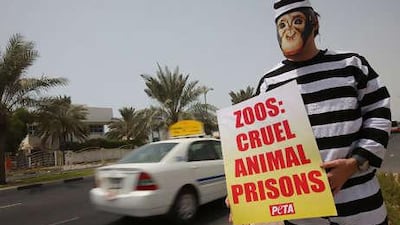 One of the two protesters who donned prison uniforms and monkey masks before being forced to leave by police.