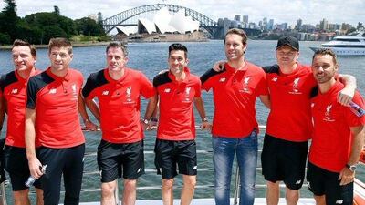 Luis Garcia, centre, with the Liverpool legends in Sydney, has now signed for an A-League club. Twitter / @LuchoGarcia14