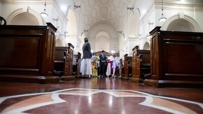 Canadian prime minister Justin Trudeau, his wife Sophie and their children visit Sacred Heart Church in New Delhi, India. Sean Kilpatrick / The Canadian Press via AP
