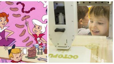 3D-printed food: They might not be a household staple yet, but 3D printers are now capable of printing entire meals. But Jane Jetson had one first, with her kitchen gadget that would create any meal the family wanted with the touch of a button. Antonie Robertson / The National, Hanna-Barbera Productions