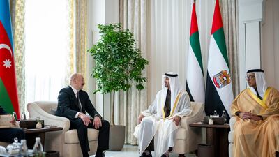 Sheikh Mohamed meets with Mr Aliyev at Al Shati Palace. Seen with Sheikh Mansour bin Zayed, UAE Vice President and Deputy Prime Minister