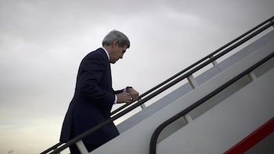 John Kerry boards his plane at Amman airport en route to Israel. Jason Reed / AP