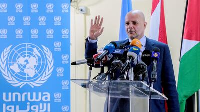 Director of UNRWA in Lebanon Claudio Cordone speaks during a celebration on the first school day at Haifa School in Beirut. EPA
