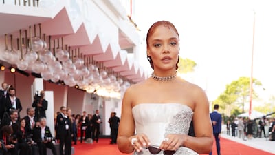 Tessa Thompson in Armani Prive haute couture. Getty