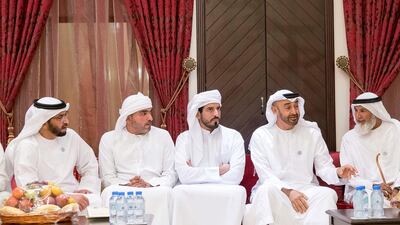 Sheikh Mohamed bin Zayed offers condolences to the family of Mohamed Saeed Khalfan Al Mansoori at Majlis Al Wathba. Seen with Sheikh Hamdan bin Zayed. Rashed Al Mansoori / Crown Prince Court - Abu Dhabi