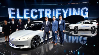 The BMW board, from left, Milagros Caina Carreiro-Andree, HR, Oliver Zipse, production, Nicolas Peter, finance, Klaus Froehlich, development, Harald Krueger, chairman, Ian Robertson, BMW brand, and Peter Schwarzenbauer, during media day at the International Frankfurt Motor Show. Martin Meissner / AP Photo