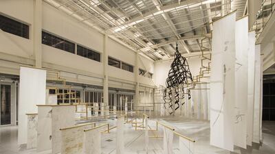 Mariana Castillo Deball, Hypothesis of a Tree, 2016. Bamboo structure, rubbings on Japanese paper, Sumi ink. Dimensions variable. Commissioned by 32nd Bienal de São Paulo. Courtesy of Mendes Wood DM, São Paulo and the artist. Monika Sosnowska, Façade, 2013. Painted steel, 728 x 510 x 210 cm. Courtesy of the Modern Institute/Toby Webster Ltd, Glasgow and the artist. Image courtesy of Sharjah Art Foundation.