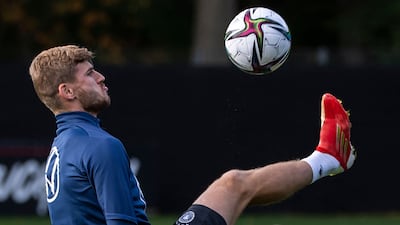 Germany's forward Timo Werner controls the ball during training. AFP