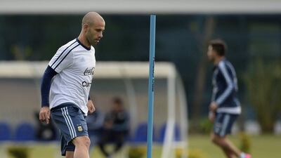 Argentina player Javier Mascherano shown at his team's training session on Monday ahead of a 2018 World Cup qualifying match on Thursday. Juan Mabromata / AFP
