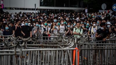 Protesters gather outside the Legislative Council. AFP