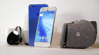 The Pixel and other new hardware – Google Home, and Google Daydream View. John G Mabanglo / EPA