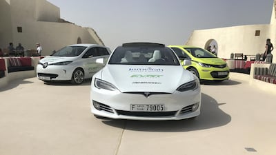 Left to right, a Renault Zoe, Tesla Model S and Chevrolet Bolt EV on the EVRT Middle East 2019. Adam Workman / The National