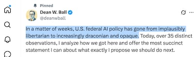 Technology analyst and AI expert Dean Ball has been critical of the White House's more regulatory approach to AI
